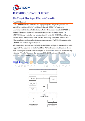 DM9008F datasheet - ISA/Plug & Play Super Ethernet Controller