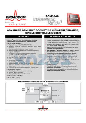 BCM3349 datasheet - ADVANCED QAMLINK^ DOCSIS-R 2.0 HIGH-PERFORMANCE, SINGLE-CHIP CABLE MODEM