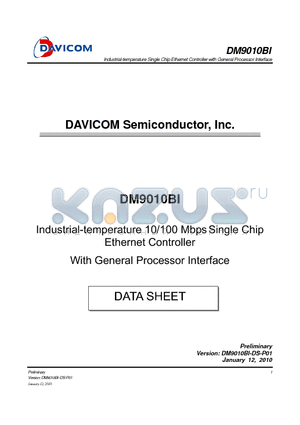 DM9010BIEP datasheet - Industrial-temperature 10/100 Mbps Single Chip Ethernet Controller With General Processor Interface