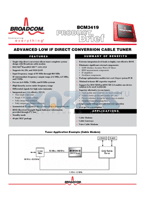 BCM3419 datasheet - ADVANCED LOW IF DIRECT CONVERSION CABLE TUNER