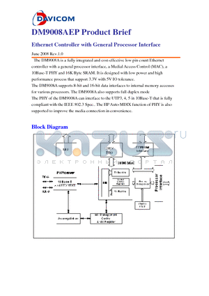 DM9008AEP datasheet - Ethernet Controller with General Processor Interface