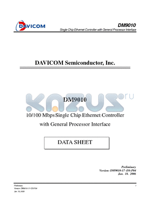 DM9010 datasheet - 10/100 Mbps Single Chip Ethernet Controller with General Processor Interface