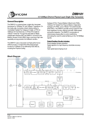 DM9101E datasheet - 10/100Mbps Ethernet Physical Layer Single Chip Transceiver