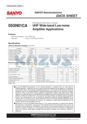55GN01CA datasheet - NPN Epitaxial Planar Silicon Transistor UHF Wide-band Low-noise Amplifier Applications