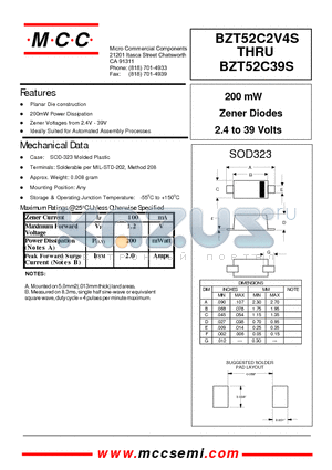 BZT52C2V7S datasheet - 200 mW Zener Diodes 2.4 to 39 Volts