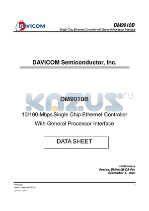 DM9010B datasheet - 10/100 Mbps Single Chip Ethernet Controller With General Processor Interface