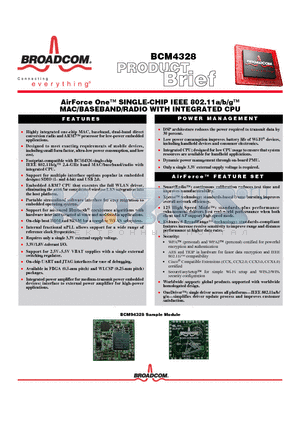 BCM4328 datasheet - AirForce One SINGLE-CHIP IEEE 802.11a/b/g MAC/BASEBAND/RADIO WITH INTEGRATED CPU