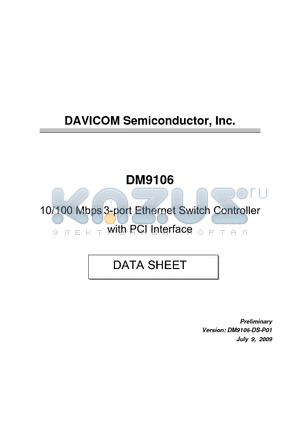 DM9106 datasheet - 10/100 Mbps 3-port Ethernet Switch Controller with PCI Interface