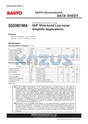 55GN01MA datasheet - NPN Epitaxial Planar Silicon Transistor UHF Wide-band Low-noise Amplifier Applications