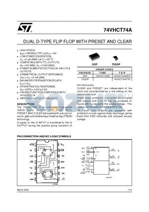 74VHCT74 datasheet - DUAL D-TYPE FLIP FLOP WITH PRESET AND CLEAR