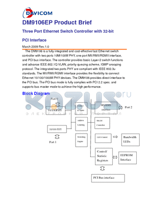 DM9106EP datasheet - Three Port Ethernet Switch Controller with 32-bit PCI Interface