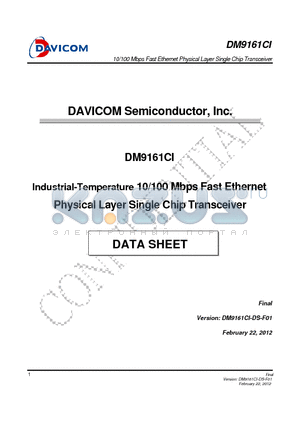 DM9161CI datasheet - Industrial-Temperature 10/100 Mbps Fast Ethernet Physical Layer Single Chip Transceiver