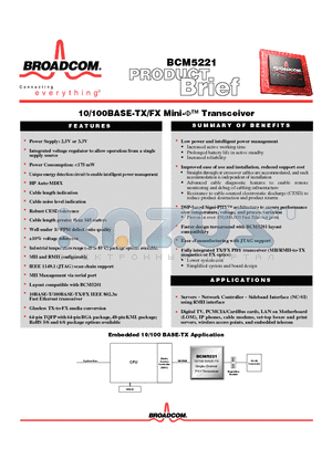BCM5221 datasheet - 10/100BASE-TX/FX Mini-V Transceiver