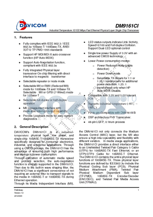 DM9161CIEP datasheet - Industrial-Temperature 10/100 Mbps Fast Ethernet Physical Layer Single Chip Transceiver