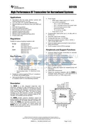 CC1120RHMT datasheet - High Performance RF Transceiver for Narrowband Systems