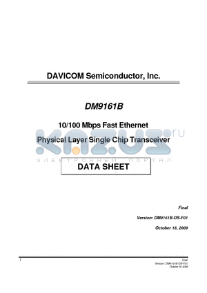 DM9161B datasheet - 10/100 Mbps Fast Ethernet Physical Layer Single Chip Transceiver