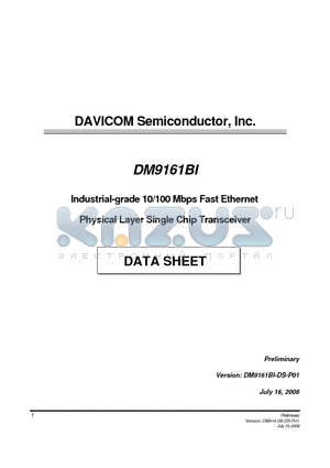 DM9161BI datasheet - Industrial-grade 10/100 Mbps Fast Ethernet Physical Layer Single Chip Transceiver