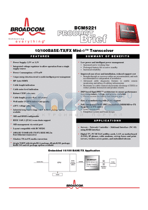 BCM5221A4KPTG datasheet - 10/100BASE-TX/FX Mini-V Transceiver