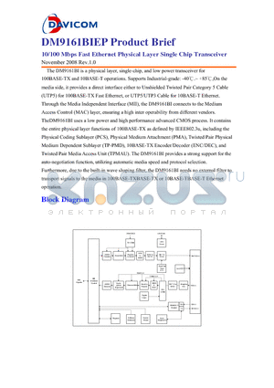 DM9161BIEP datasheet - 10/100 Mbps Fast Ethernet Physical Layer Single Chip Transceiver