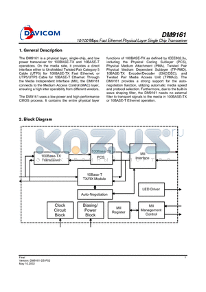 DM9161E datasheet - 10/100 Mbps FAST ETHERNET PHYSICAL LAYER SINGLE CHIP TRANSCEIVER