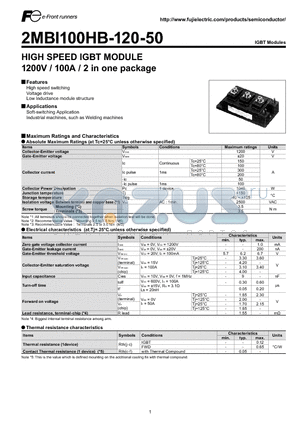 2MBI100HB-120-50 datasheet - HIGH SPEED IGBT MODULE 1200V / 100A / 2 in one package