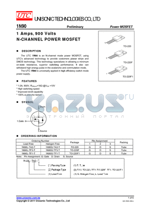 1N90G-TF3-T datasheet - 1 Amps, 900 Volts N-CHANNEL POWER MOSFET