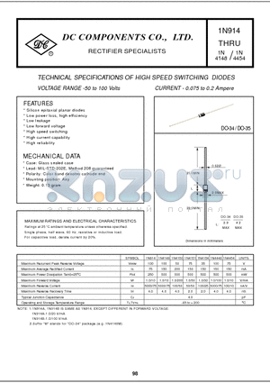 1N914 datasheet - TECHNICAL SPECIFICATIONS OF HIGH SPEED SWITCHING DIODES