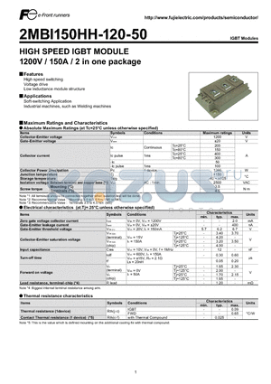2MBI150HH-120-50 datasheet - HIGH SPEED IGBT MODULE 1200V / 150A / 2 in one package