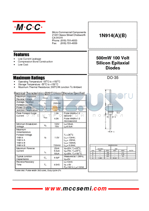 1N914 datasheet - 500mW 100 Volt Silicon Epitaxial Diodes
