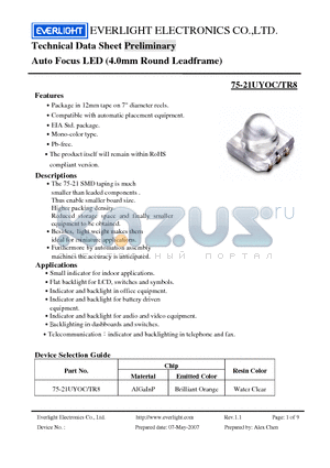 75-21UYOC/TR8 datasheet - Technical Data Sheet Preliminary Auto Focus LED (4.0mm Round Leadframe)