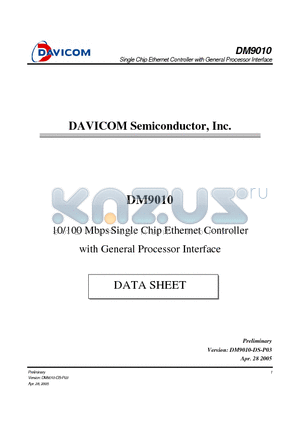 DM9010 datasheet - Single Chip Ethernet Controller with General Processor Interface