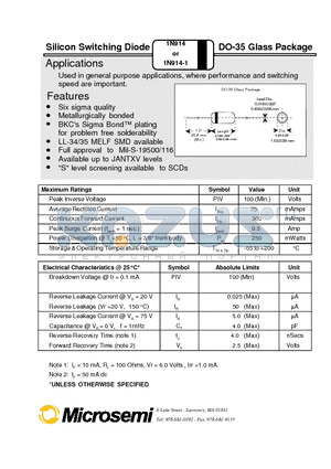 1N914-1 datasheet - Silicon Switching Diode DO-35 Glass Package