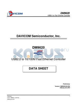 DM9620 datasheet - USB2.0 to 10/100M Fast Ethernet Controller