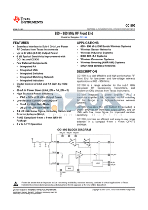 CC1190RGVT datasheet - 850 - 950 MHz RF Front End