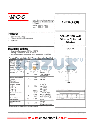 1N914B datasheet - 500mW 100 Volt Silicon Epitaxial Diodes