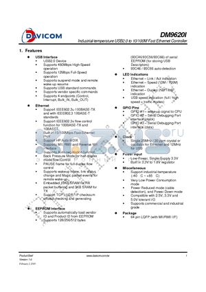 DM9620I_2 datasheet - Industrial-temperature USB2.0 to 10/100M Fast Ethernet Controller