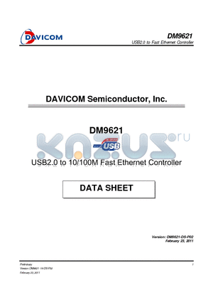 DM9621 datasheet - USB2.0 to 10/100M Fast Ethernet Controller