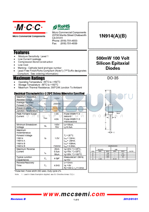 1N914AB datasheet - 500mW 100 Volt Silicon Epitaxial Diodes