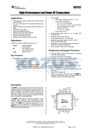 CC1121 datasheet - High Performance Low Power RF Transceiver