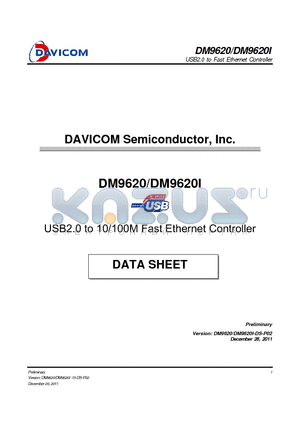 DM9620I datasheet - USB2.0 to 10/100M Fast Ethernet Controller
