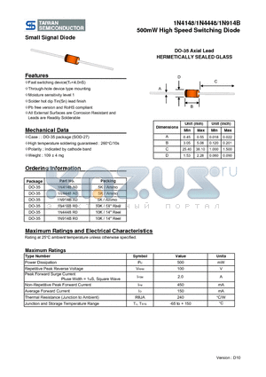 1N914BR0 datasheet - 500mW High Speed Switching Diode