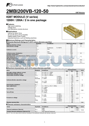 2MBI200VB-120-50 datasheet - IGBT MODULE (V series) 1200V / 200A / 2 in one package