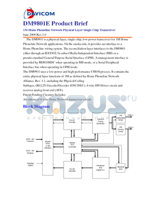 DM9801E datasheet - 1M Home Phoneline Network Physical Layer Single Chip Transceiver