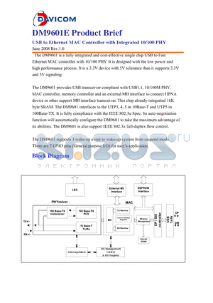 DM9601E datasheet - USB to Ethernet MAC Controller with Integrated 10/100 PHY