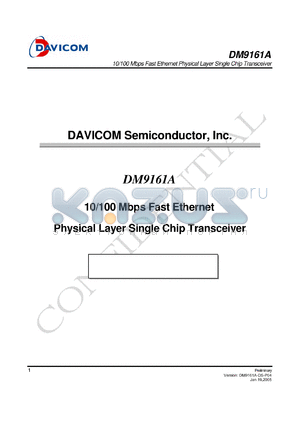 DM9161A datasheet - 10/100 MBPS FAST ETHEMET PHYSICAL LAYER SINGLE CHIP TRANSCEIVER