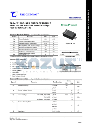 1N914BWS datasheet - 200mW SOD-323 SURFACE MOUNT Small Outline Flat Lead Plastic Package Fast Switching Diode