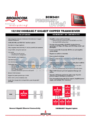 BCM5481A2KFBG datasheet - 10/100/1000BASE-T GIGABIT COPPER TRANSCEIVER