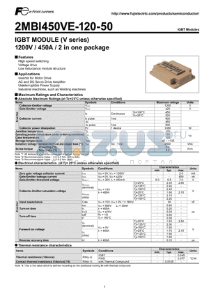 2MBI450VE-120-50 datasheet - IGBT MODULE (V series) 1200V / 450A / 2 in one package