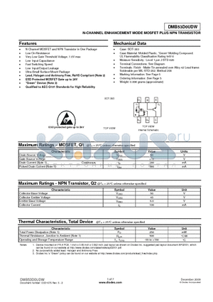 DMB53D0UDW-7 datasheet - N-CHANNEL ENHANCEMENT MODE MOSFET PLUS NPN TRANSISTOR