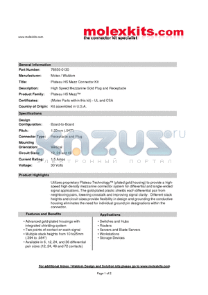 75003-0110 datasheet - High Speed Mezzanine Gold Plug and Receptacle